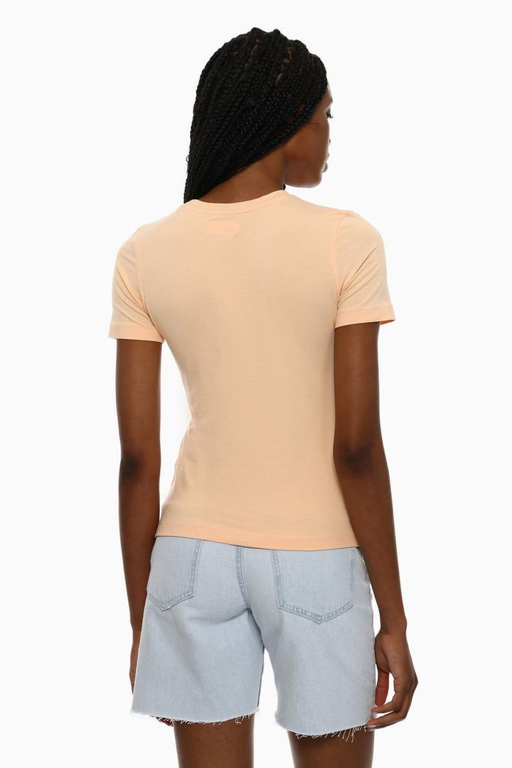 Basic Round Neck T-Shirt - Women's Beige Casual Top - Back View with Simple and Elegant Design.