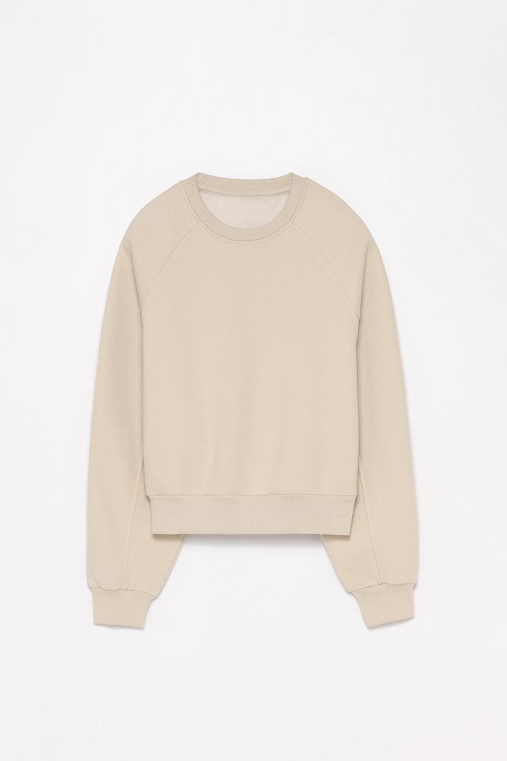 Women's beige basic cropped sweatshirt, designed with a relaxed fit and cropped length for a comfortable and stylish look, perfect for casual wear.