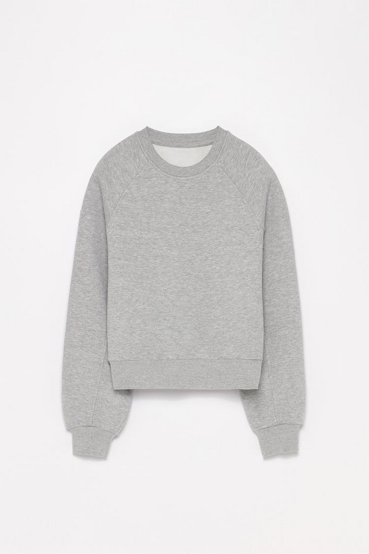 Women's grey basic cropped sweatshirt, designed with a relaxed fit and cropped length for a casual, stylish look, perfect for everyday wear.