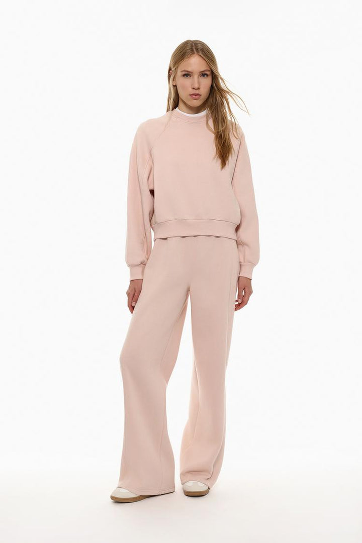 Full-body view of a women's pink basic cropped sweatshirt, highlighting its cropped length, relaxed fit, and simple, stylish design.