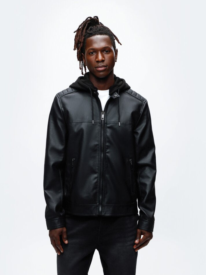 Blackout Urban Leather Jacket – a stylish black leather jacket with a built-in hood, zip-up front, and sleek urban design for a modern and versatile look.