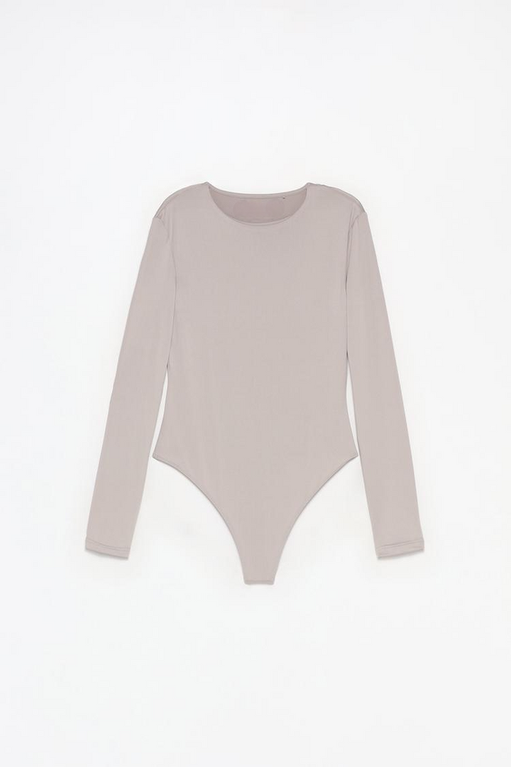 Grey polyamide round neck bodysuit, crafted from soft, stretchy fabric for a flattering fit. Ideal for layering or wearing on its own, offering a sleek and versatile look.