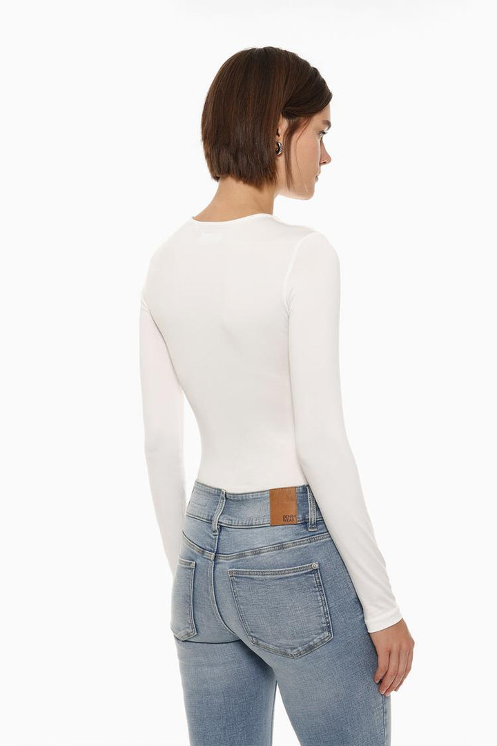 Back view of the white polyamide round neck bodysuit, highlighting the smooth, stretchy fabric and seamless design for a sleek, comfortable fit.