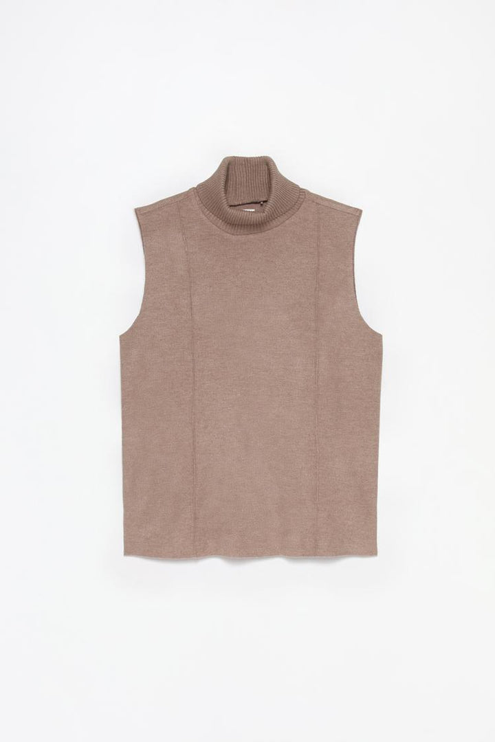 Beige soft-touch vest sweater, featuring a full-body view that highlights its relaxed fit and soft texture. This sweater offers comfort and style, making it perfect for casual layering or a standalone piece.