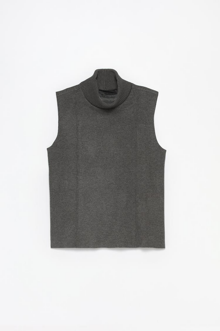 Product view of the grey soft-touch vest sweater, featuring a comfortable and soft fabric with a relaxed fit, perfect for layering or wearing alone for a casual, stylish look.