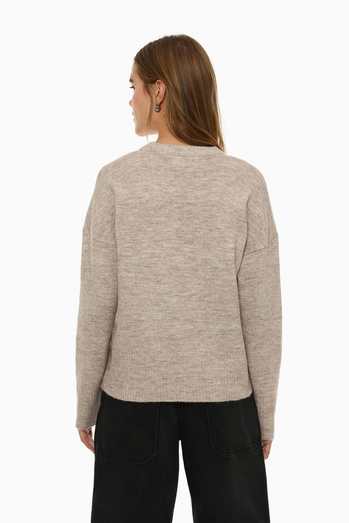 Basic Soft Jumper - Women's Beige Knit Sweater - Back View Featuring Simple and Cozy Design.