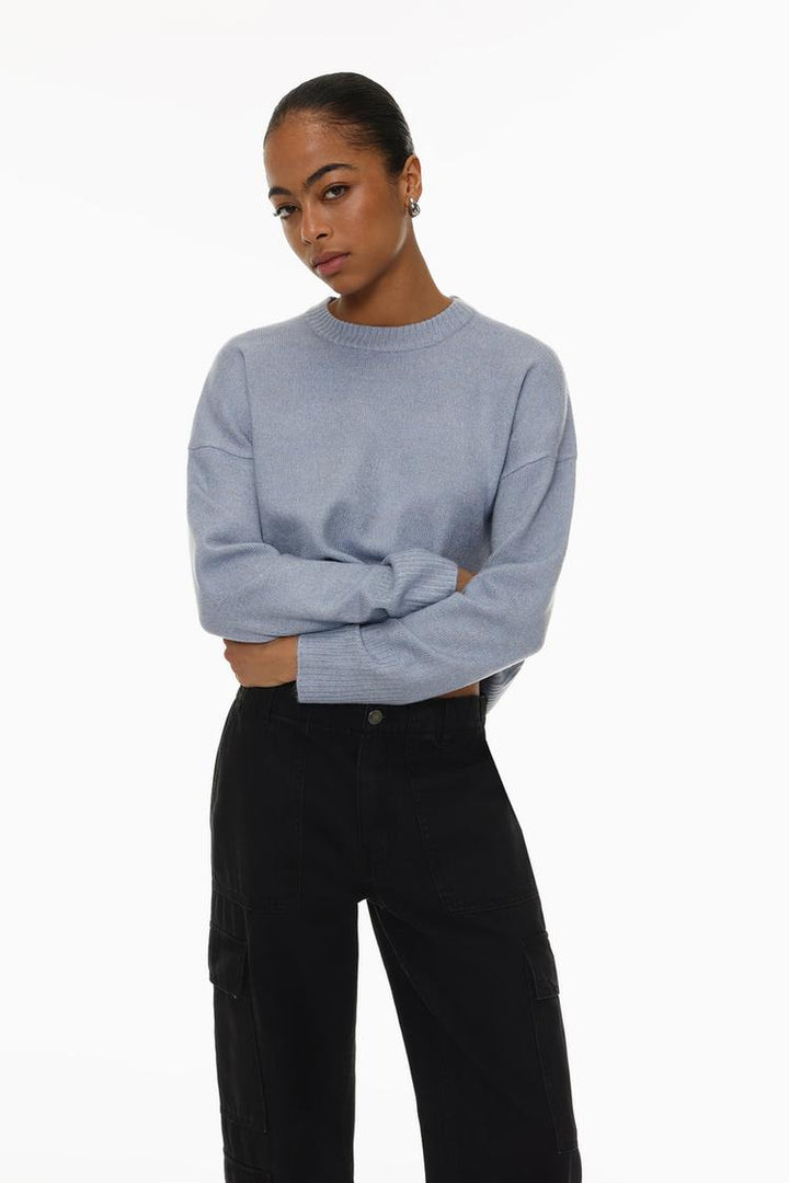 Basic Soft Jumper - Women's Blue Knit Sweater - Full Body View of Cozy, Stylish Casual Jumper.