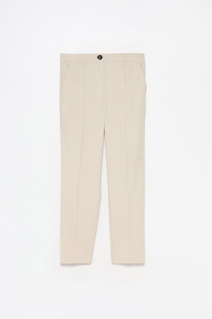 Full product view of beige basic smart trousers, an essential for any wardrobe