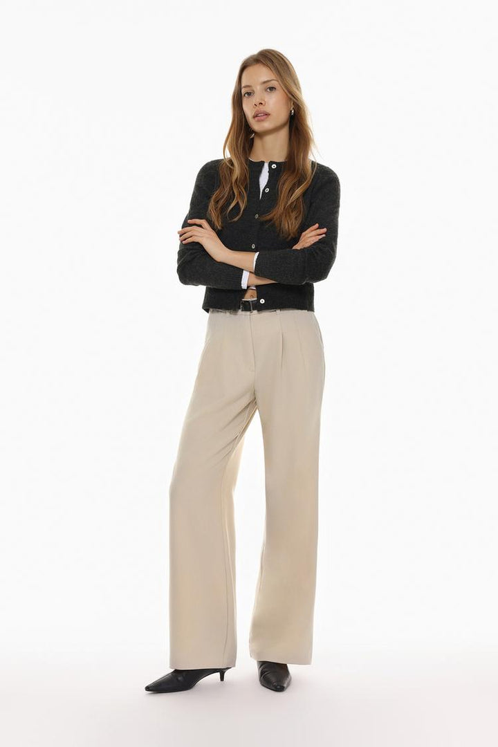 Elegant beige belted wide-leg trousers with a full-body view, ideal for a sophisticated wardrobe addition