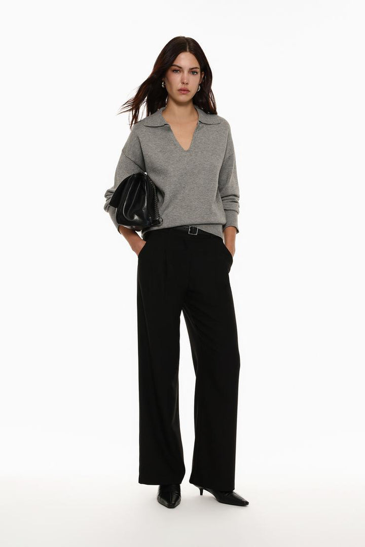 Classic black belted wide-leg trousers in a sleek full-body view, suitable for formal occasions