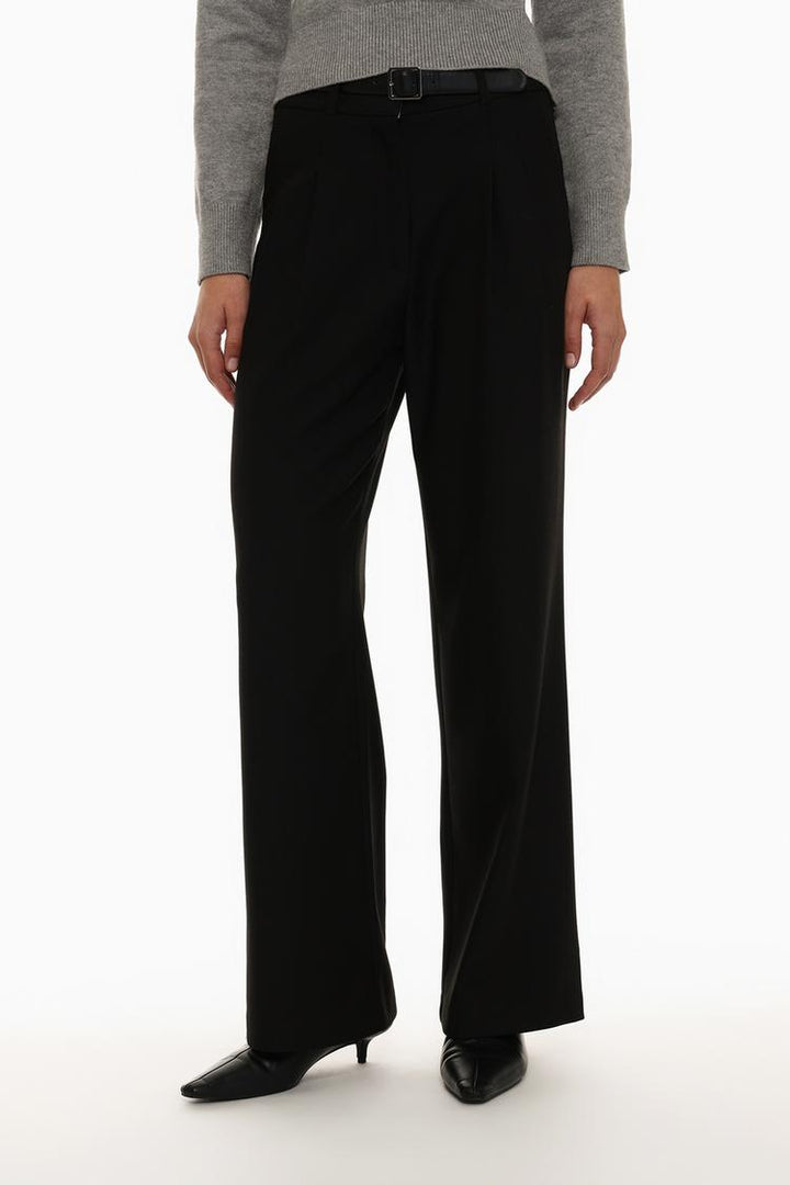 Front view of black belted wide-leg trousers, a timeless addition to any outfit