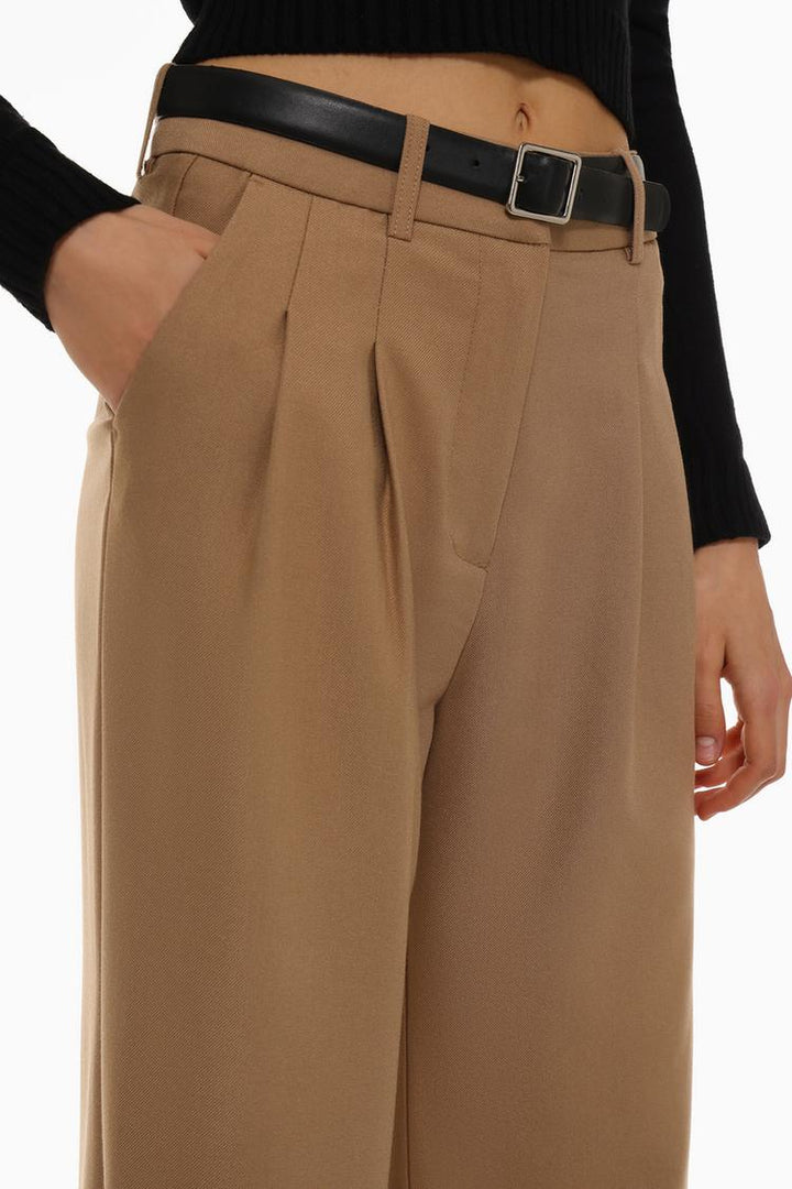 Body view of bronze belted wide-leg trousers, offering a standout look for any occasion