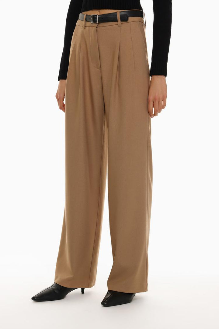 Front view of bronze belted wide-leg trousers, ideal for unique and elegant styling