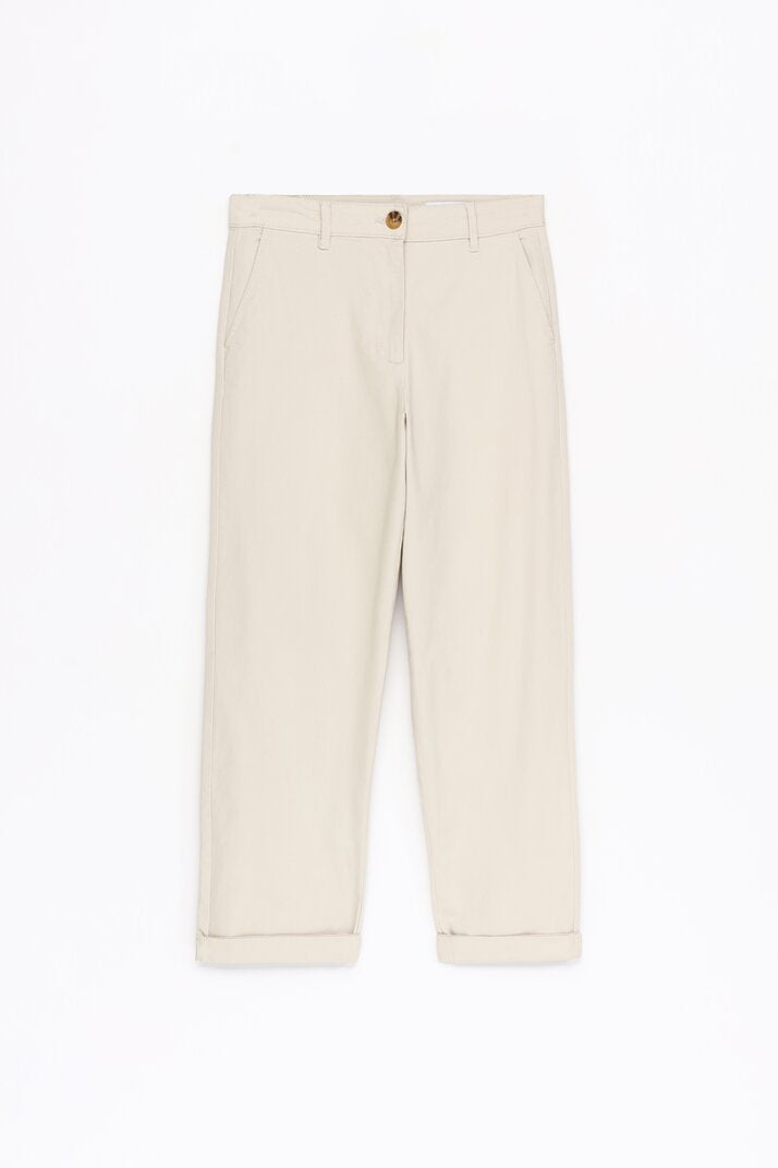 Full product shot of the beige chinos, displaying the complete design and fabric details.