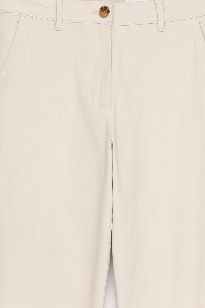 Close-up image of the beige chinos, showing fabric texture and stitching details, perfect for product listings.