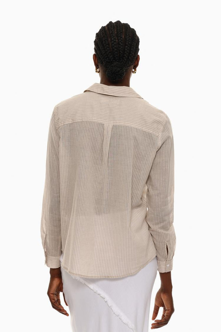 Cotton shirt beige back view highlighting the simple, classic design and clean finish.