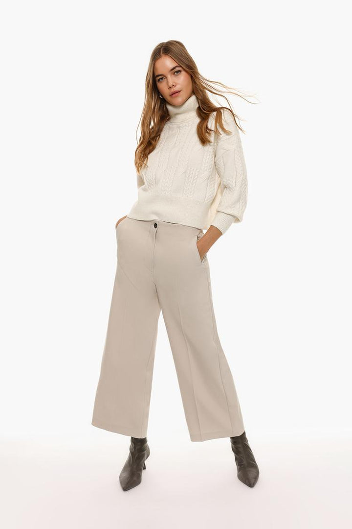 Beige culottes without a defined waistband, showcasing a minimalist design ideal for contemporary styles.