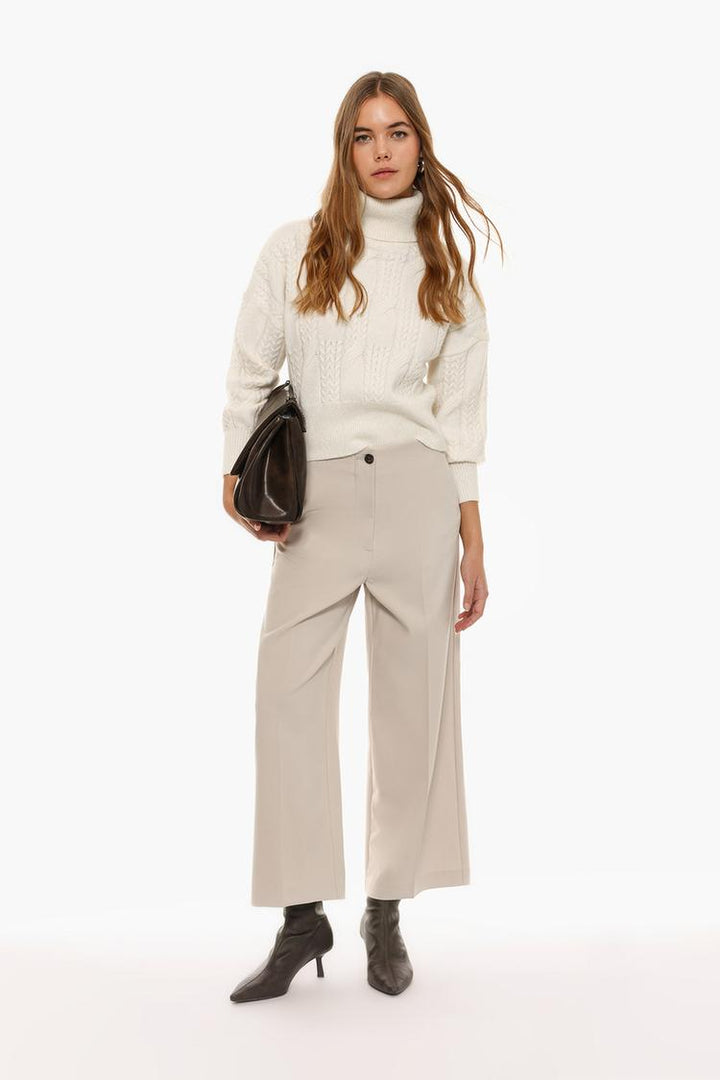 Full-body view of beige culottes styled with a sleek top for a balanced, modern look.