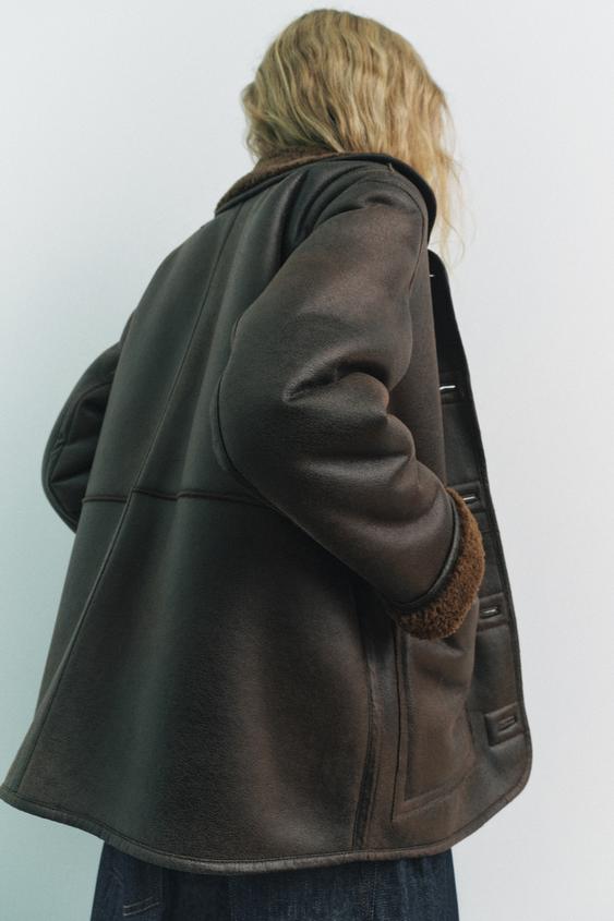 FAUX LEATHER REVERSIBLE DOUBLE-FACED COAT