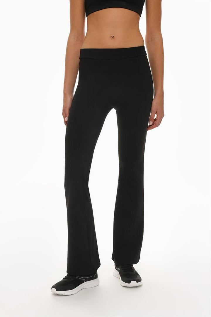 Front-facing image of the black sports leggings, showcasing their smooth finish and streamlined silhouette.