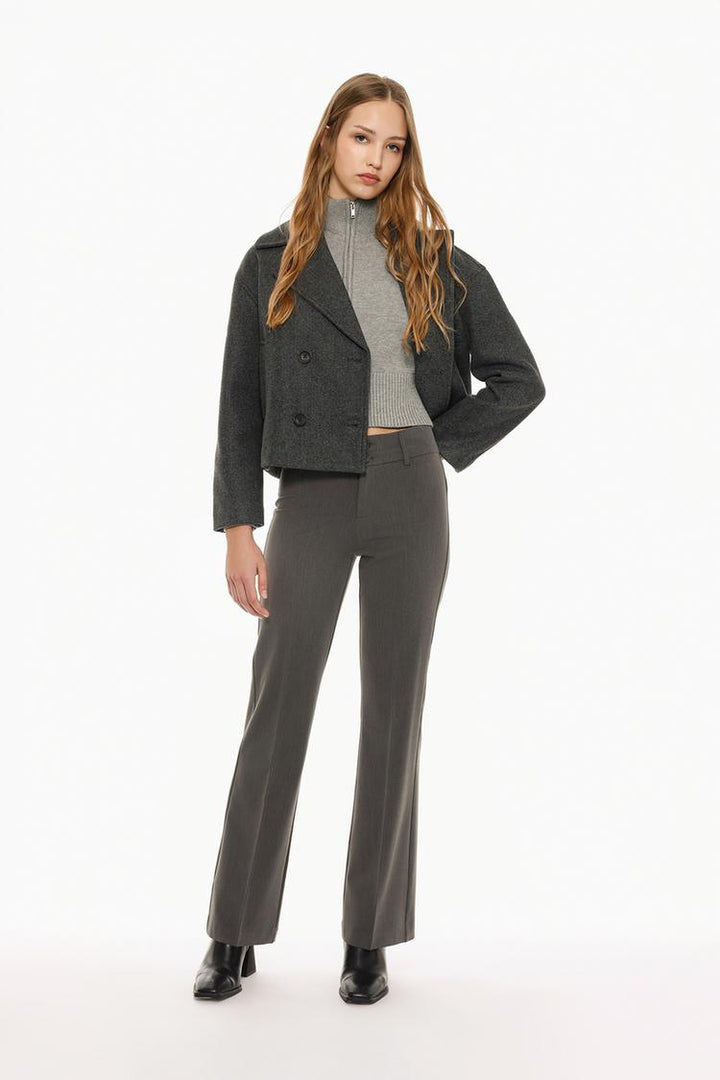 Stylish grey flared trousers, full product view showcasing elegant design and fit