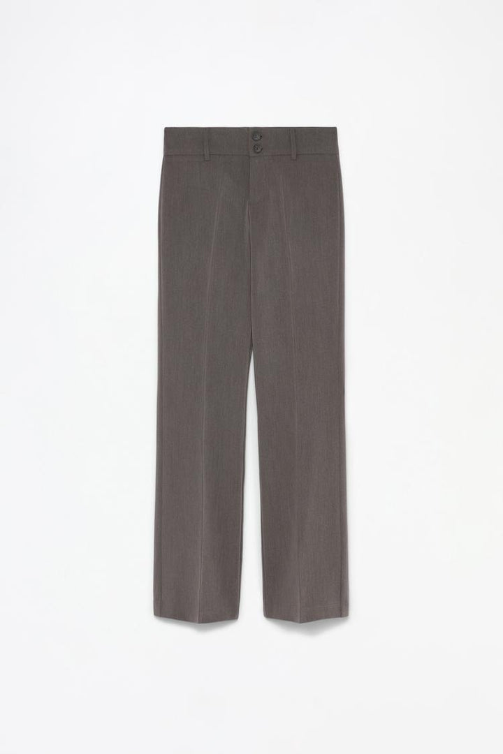 Modern grey flared trousers, product display highlighting premium fabric and style