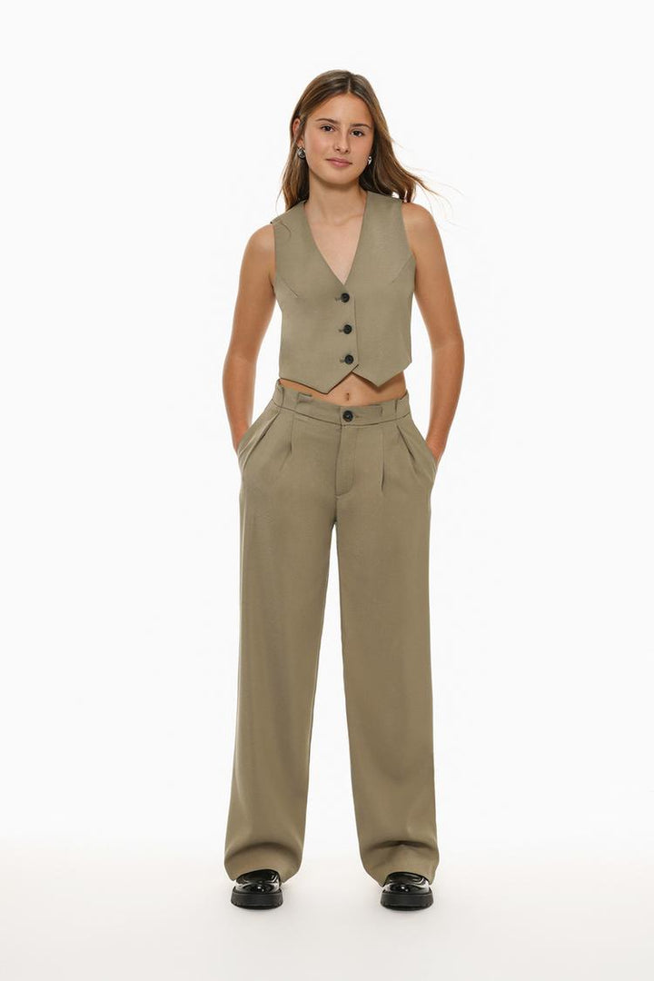 Beige formal wide-leg trousers, offering versatility and effortless chic