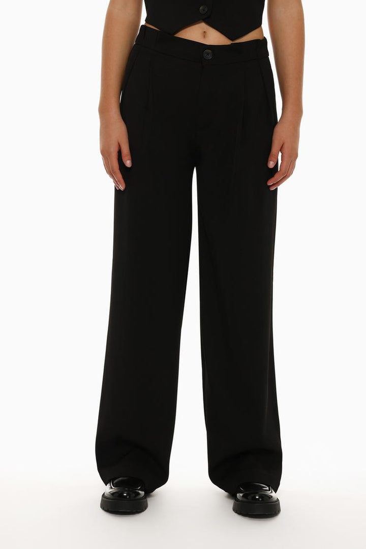 Front view of black formal wide-leg trousers, ideal for a polished and elegant look