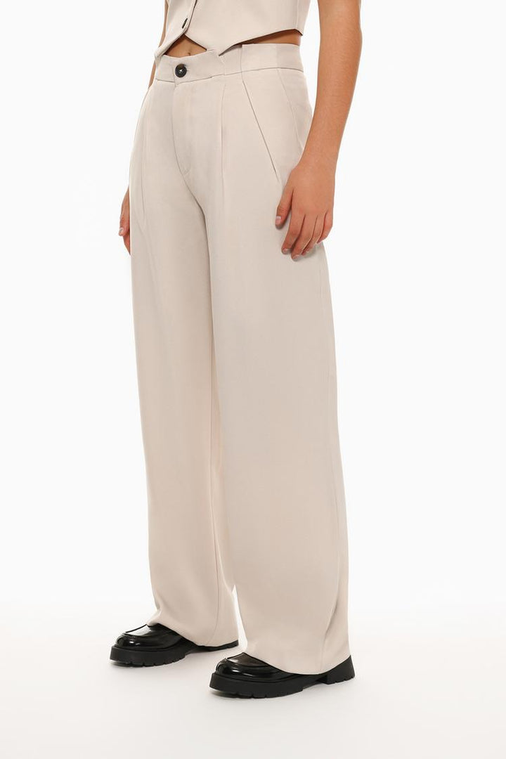 Front view of khaki formal wide-leg trousers, styled for a timeless and refined look