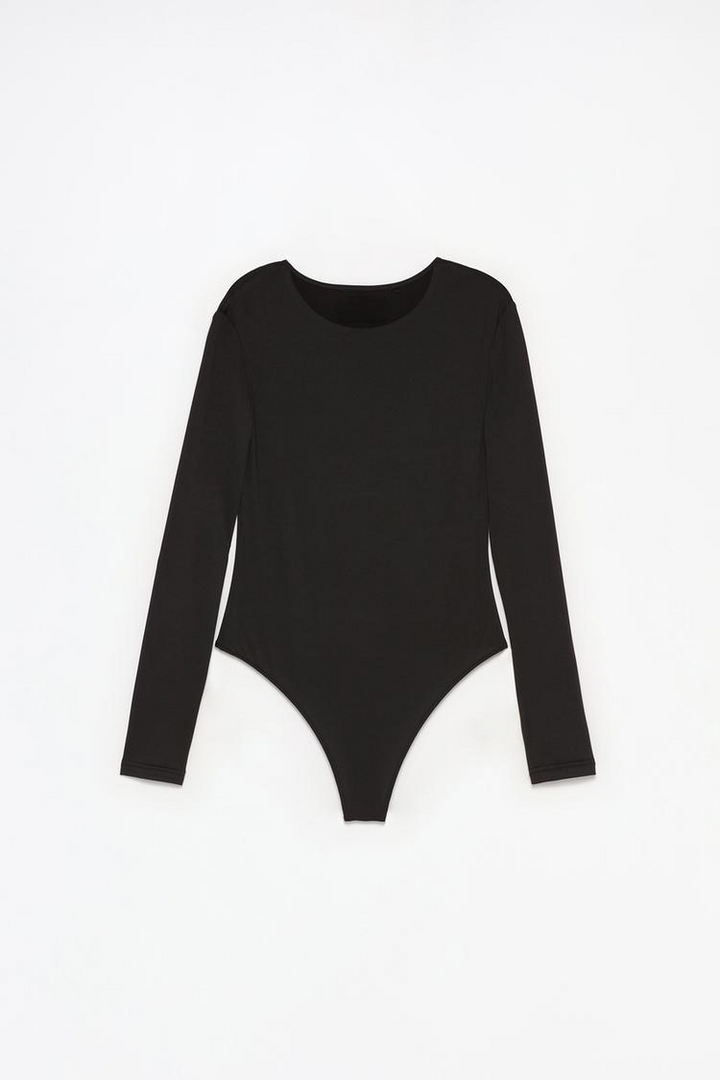 A sleek black bodysuit made from soft, stretchy polyamide fabric, featuring a classic round neck for a flattering, versatile fit. Perfect for layering or wearing on its own.