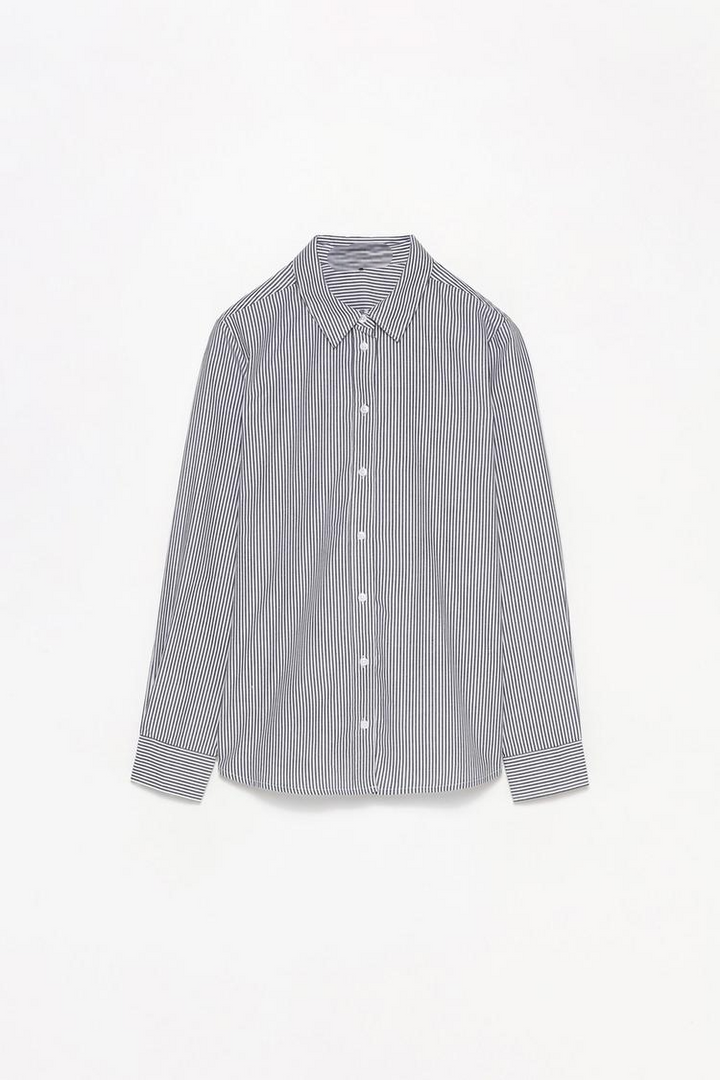 Full product view of a grey poplin shirt, showcasing its sleek, modern design with a clean finish and classic button-down details.