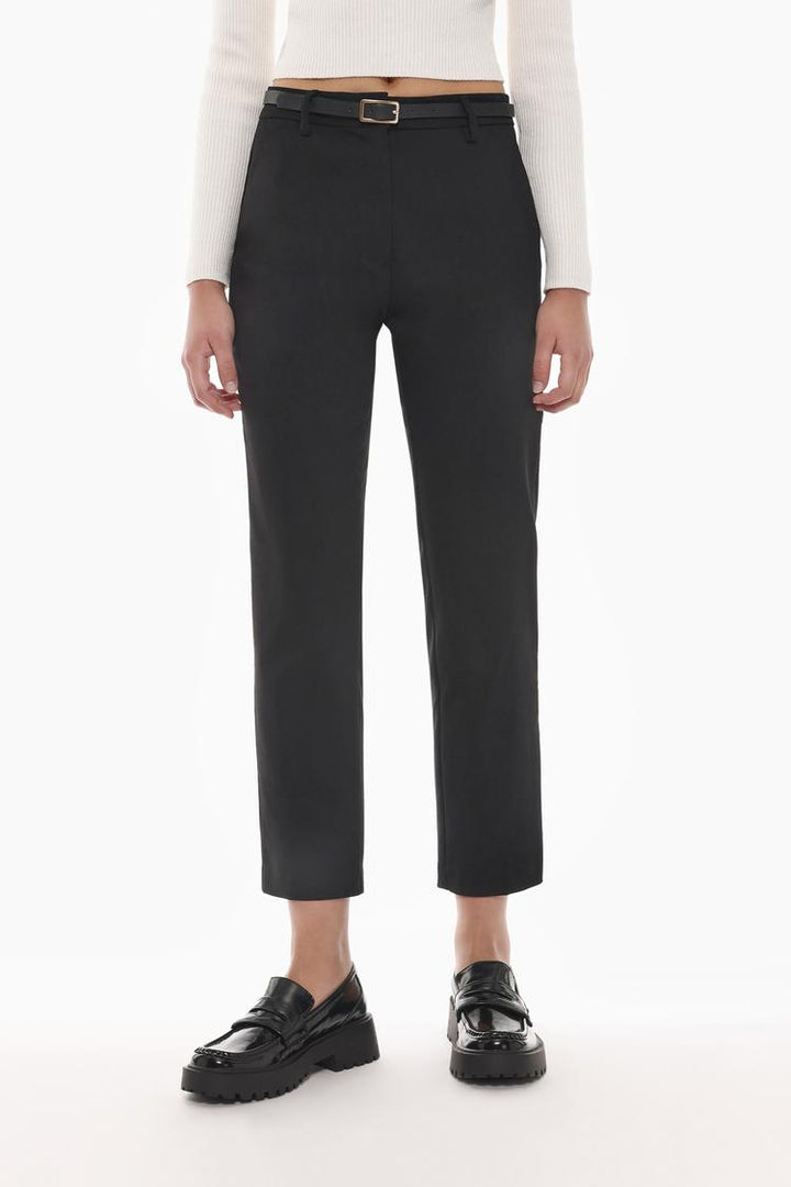 Front view of black slim fit trousers with a belt, ideal for professional occasions