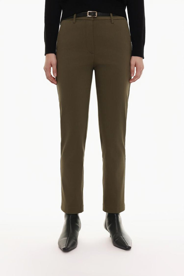 Full product view of brown slim fit trousers with a belt, offering versatile styling options