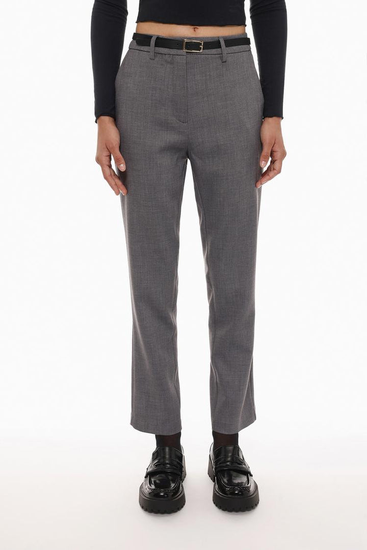 Front view of grey slim fit trousers with a belt, perfect for office or formal wear