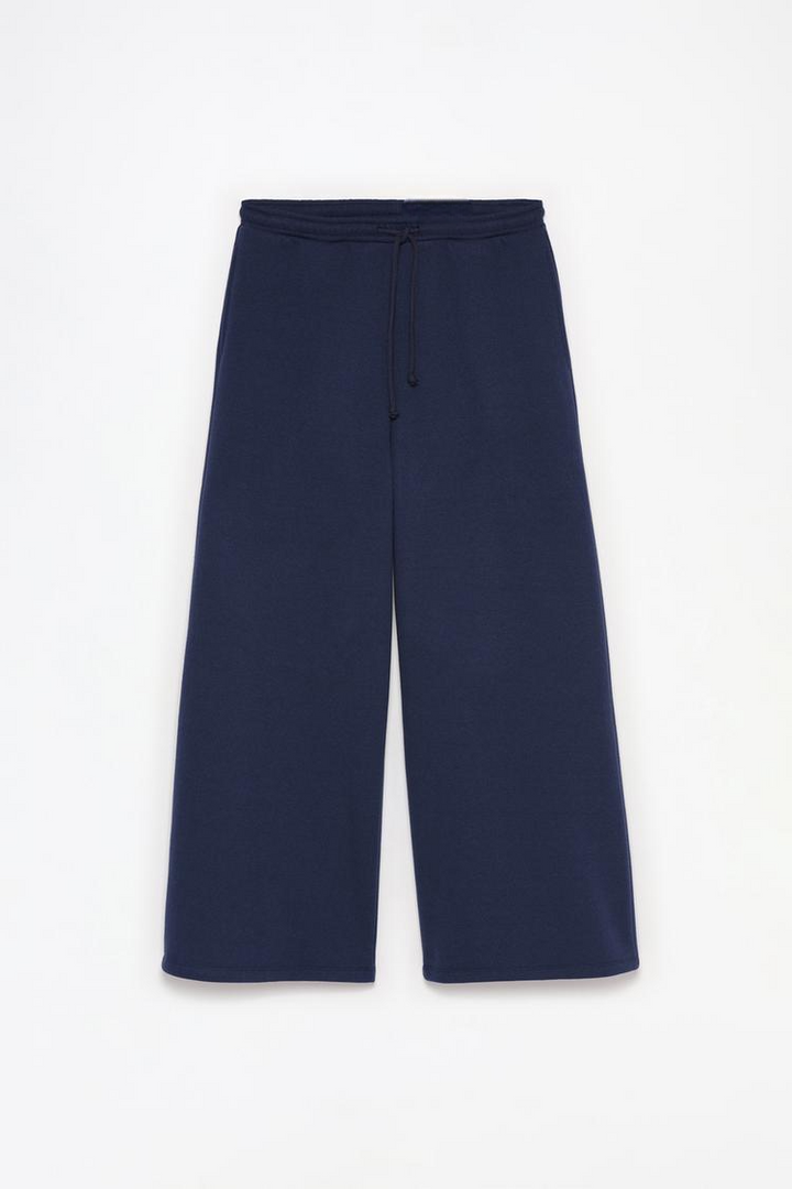 Navy wide-leg plush trousers product image displaying the full design.