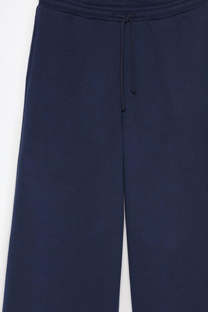 Navy wide-leg plush trousers product image displaying the full design.